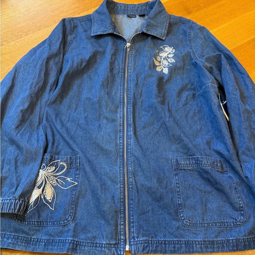 Basic Editions Denim Jacket 3X Embroidered Floral Zip-Up Plus Size NWT Vintage